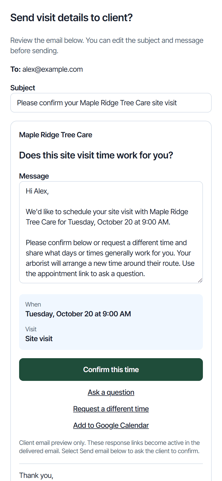 A site-visit email preview offering the client options to confirm the time, ask a question, or request a different time.