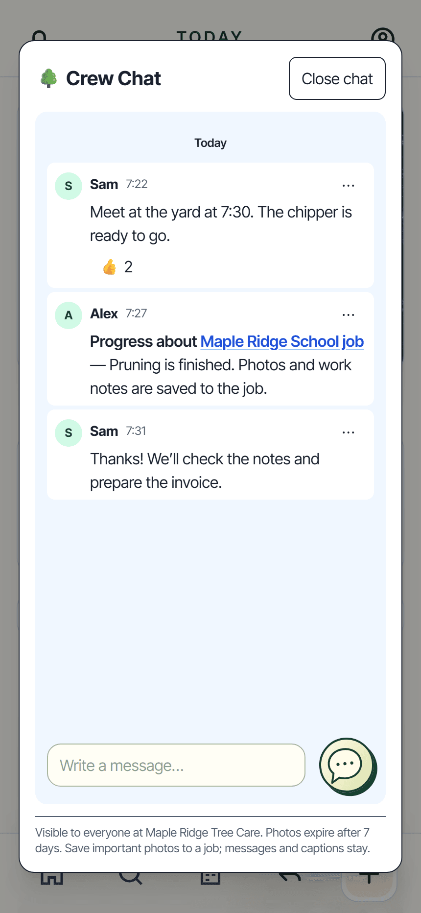 True Arbor Crew Chat with demonstration team messages, a thumbs-up reaction, and a tagged Maple Ridge School job link.