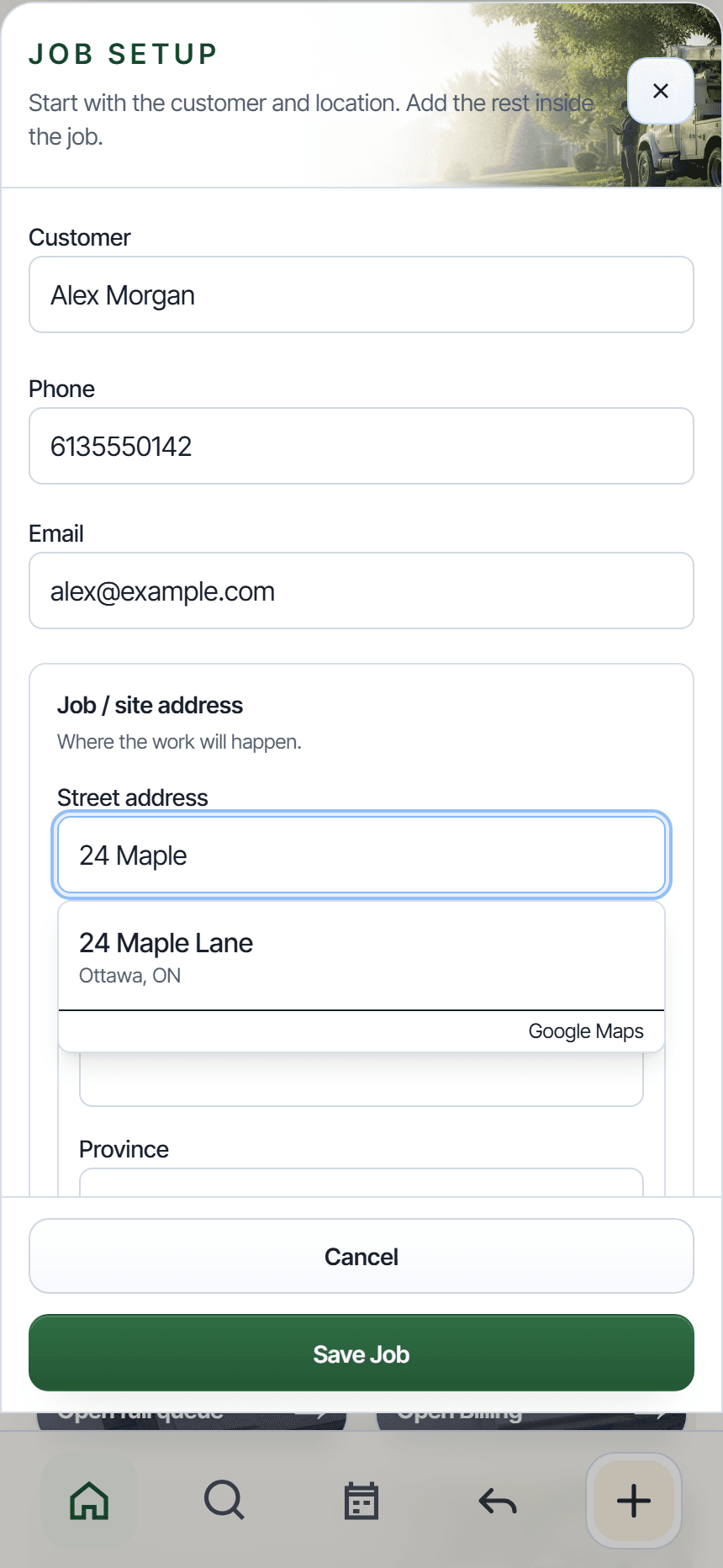Job setup with a fictional customer and a Google Maps address suggestion.