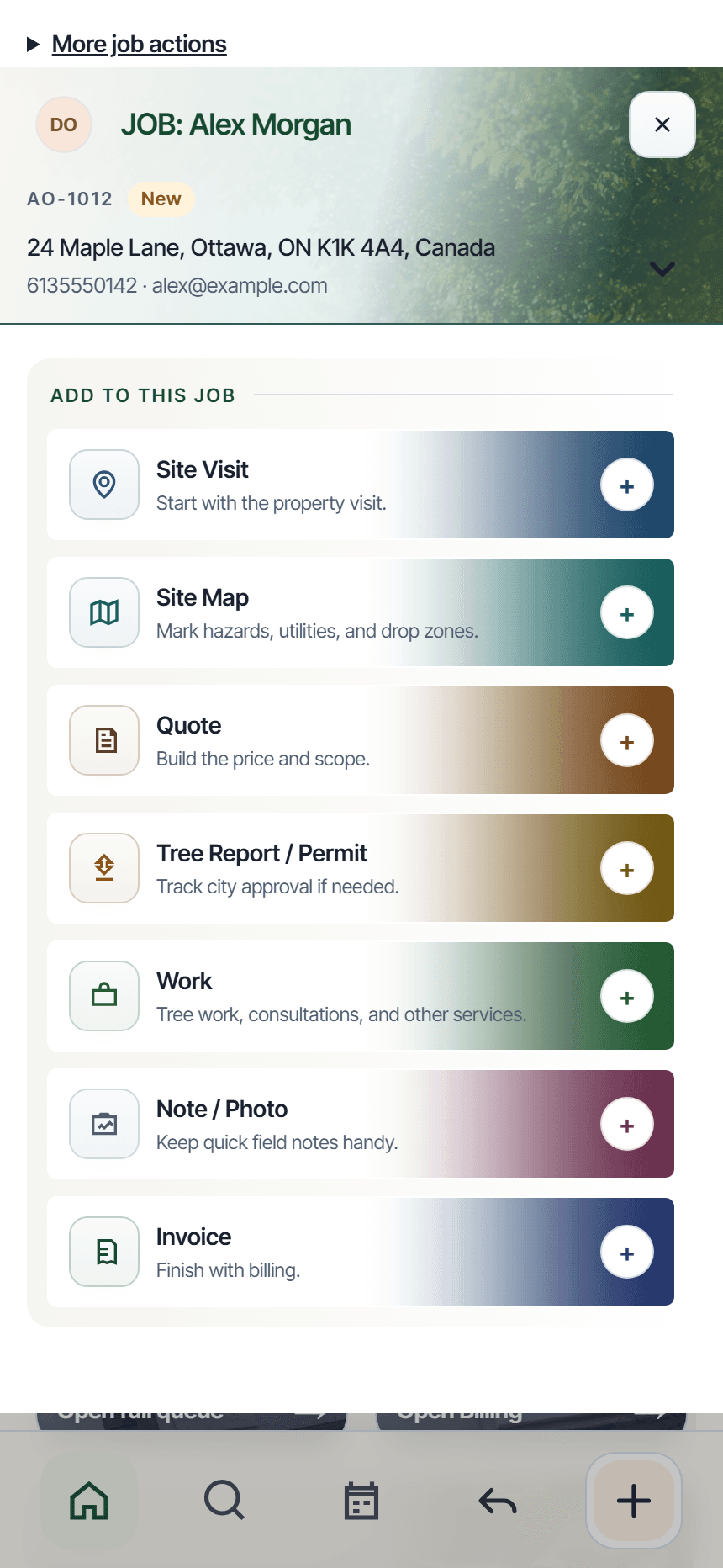 A demonstration job with options to add a site visit, site map, quote, permit, work, notes, and invoice.