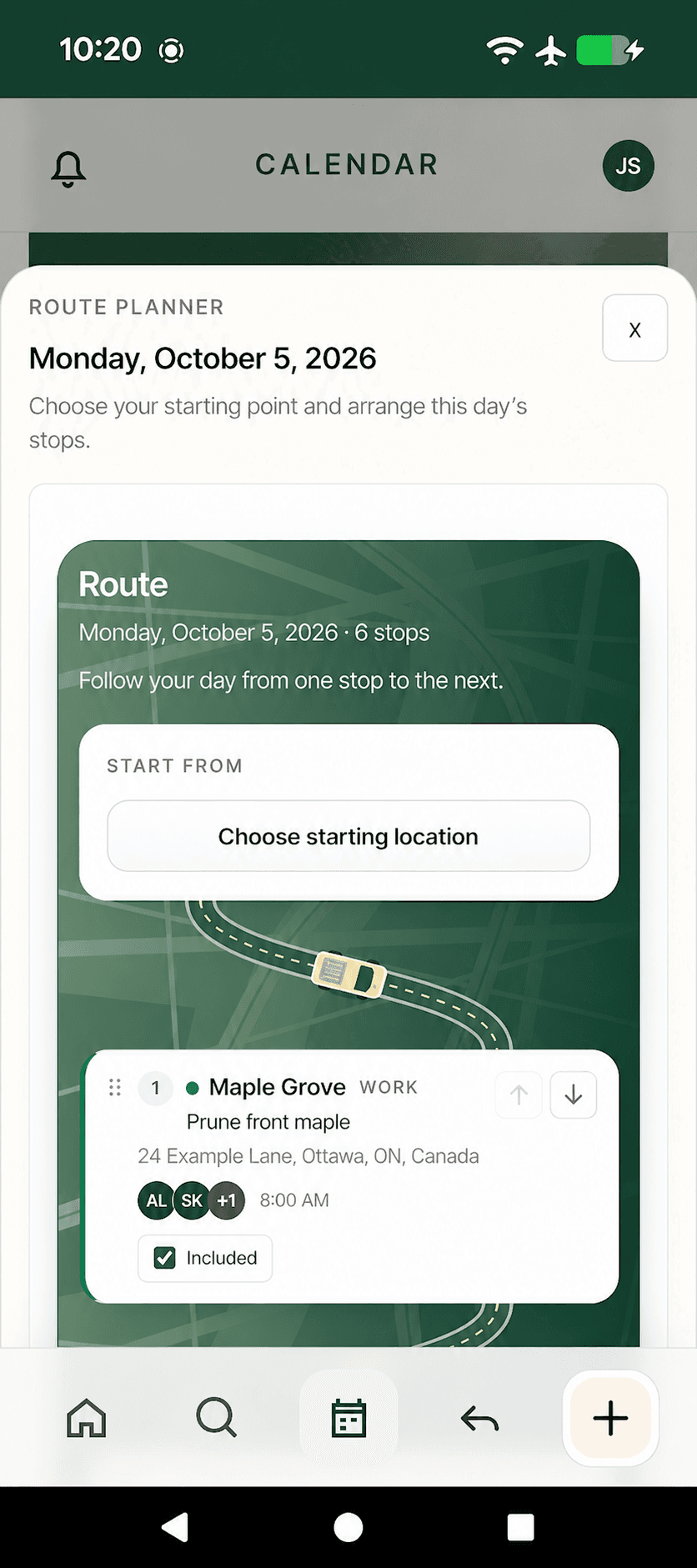 Route Planner demonstration showing a six-stop day, starting-location selection, and a fictional Maple Grove work stop with reorder controls.