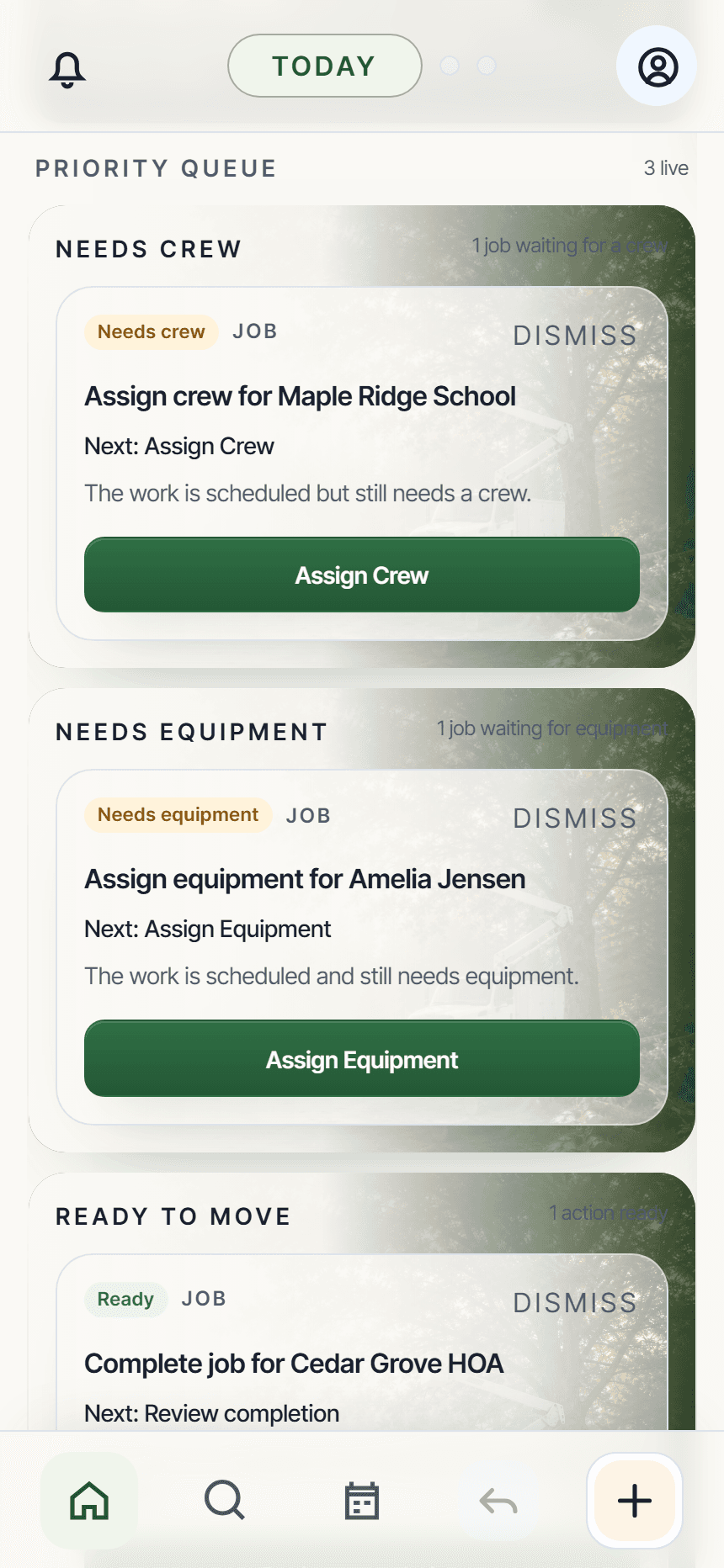True Arbor Today screen showing the Priority Queue and the next actions for fictional tree care jobs.
